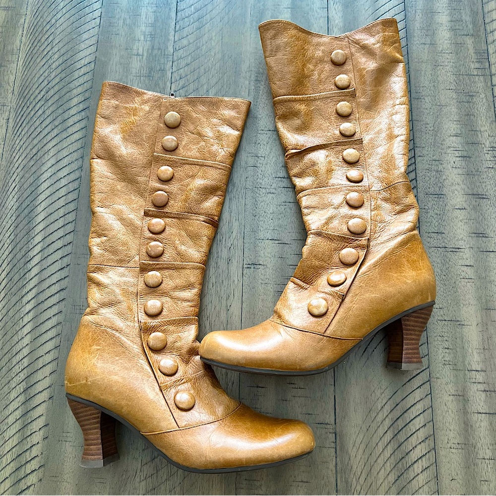 Miz Mooz Tan Heeled Boots with Vintage Charm
